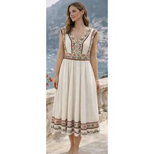 Sundance Embroidered Midi Dress Boho Italian Summer Cotton Sz 14